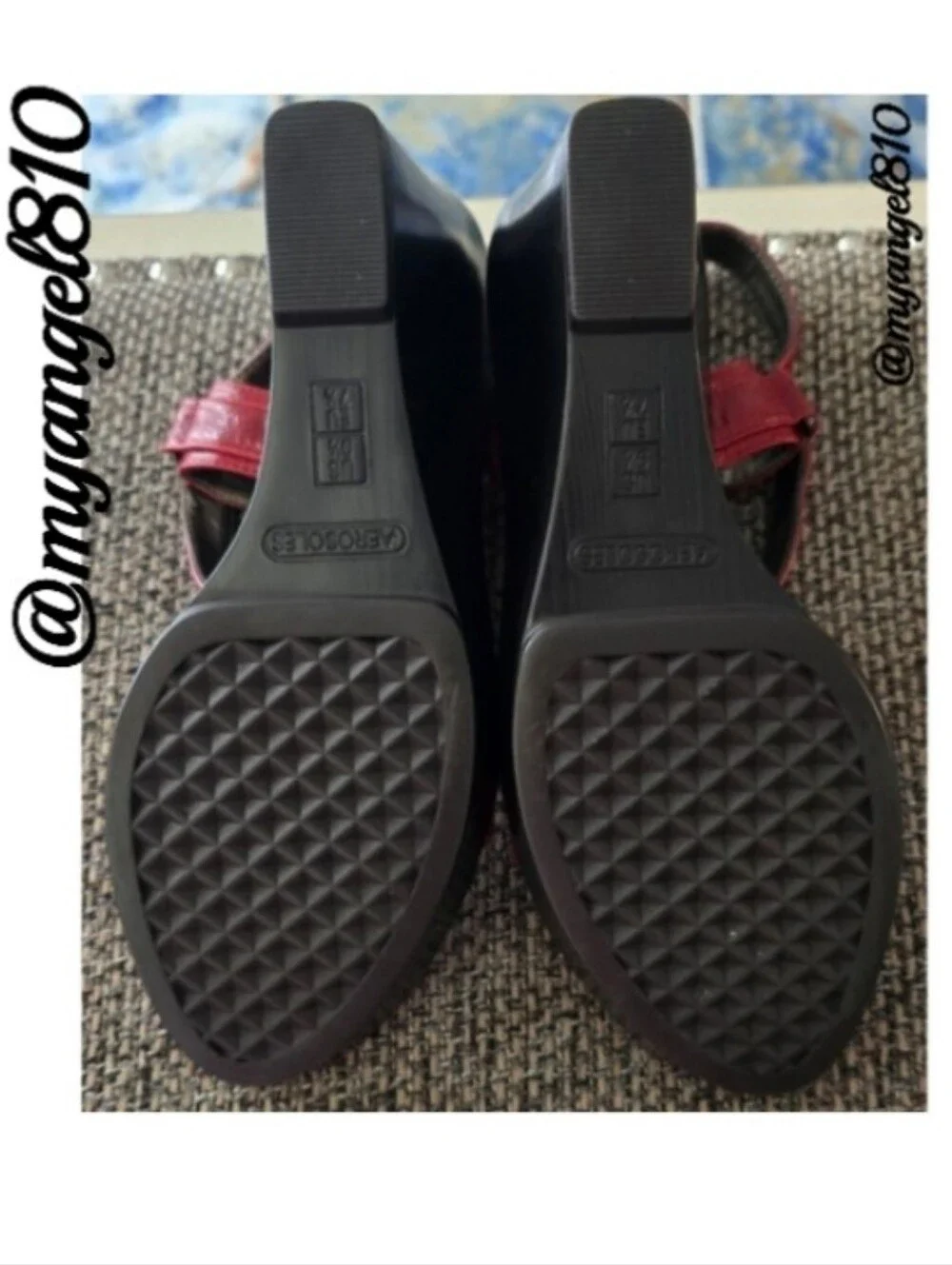 AEROSOLES Red Leather T-Strap Wedge Sandals with Black Wedge Sole, Size 9.5